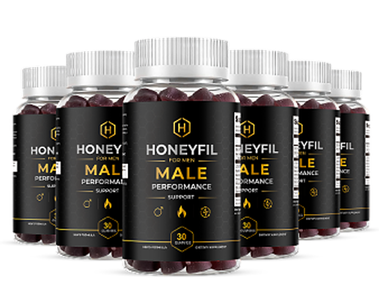 Six Honeyfil gummy bottles lined up